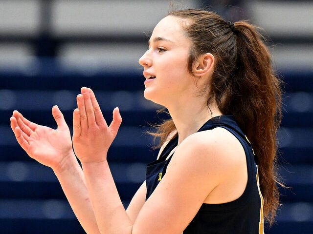 UNIVERSITY PARK, PENNSYLVANIA - JANUARY 08: Syla Swords #12 of the Michigan Wolverines celebrates during the game against the Penn State Nittany Lions at Rec Hall on January 08, 2026 in University Park, Pennsylvania.