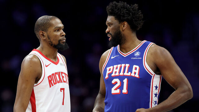PHILADELPHIA, PENNSYLVANIA - JANUARY 22: Kevin Durant #7 of the Houston Rockets talks to Joel Embiid #21 of the Philadelphia 76ers during the first half at Xfinity Mobile Arena on January 22, 2026 in Philadelphia, Pennsylvania.