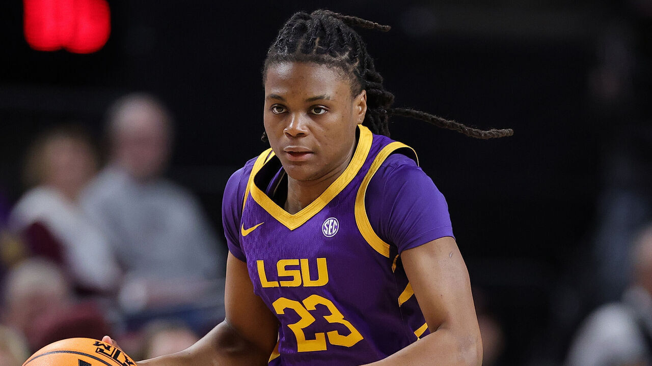 COLLEGE STATION, TEXAS - JANUARY 22: Milaysia Fulwiley #23 of the LSU Tigers dribbles against the Texas A&M Aggies during the second half at Reed Arena on January 22, 2026 in College Station, Texas.