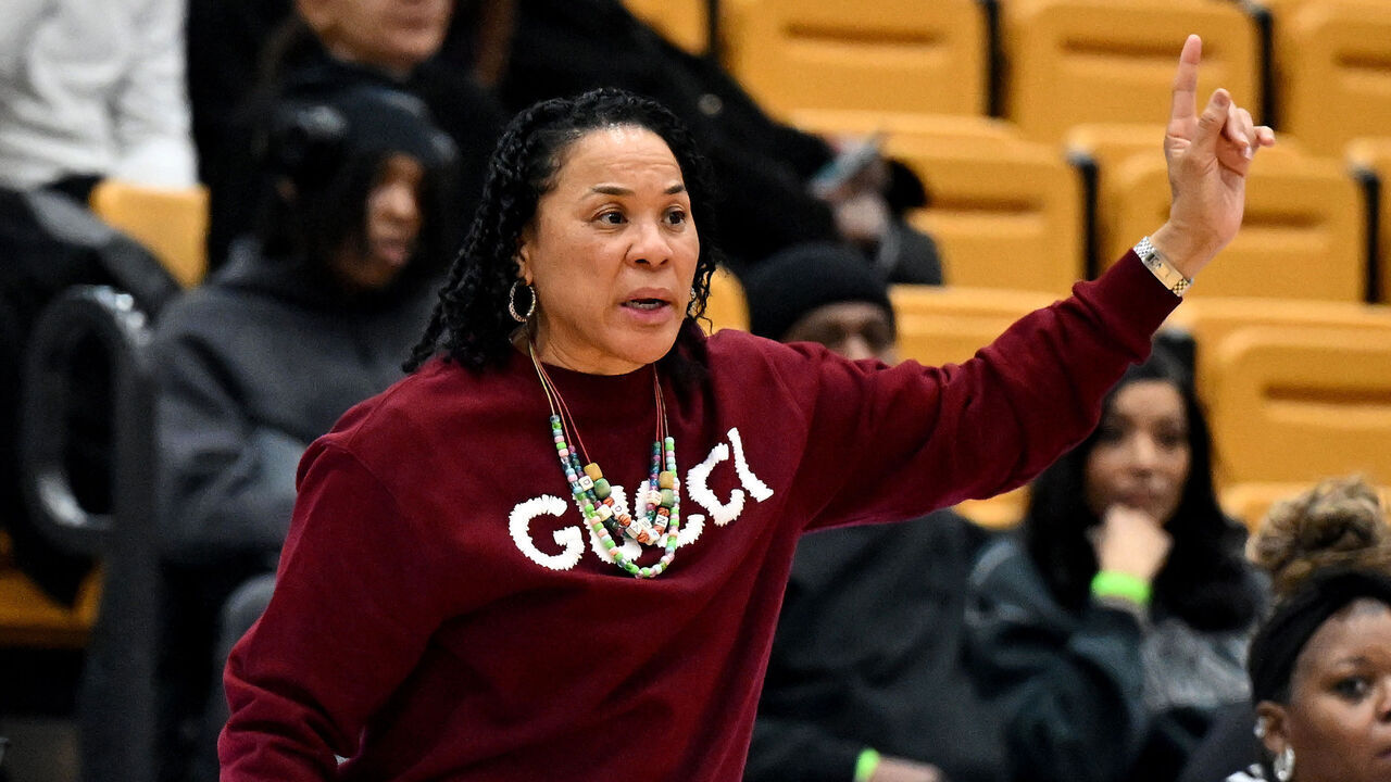 BALTIMORE, MARYLAND - JANUARY 18: Head coach Dawn Staley of the South Carolina Gamecocks watches the game against the Coppin State Eagles at Physical Education Complex on January 18, 2026 in Baltimore, Maryland.