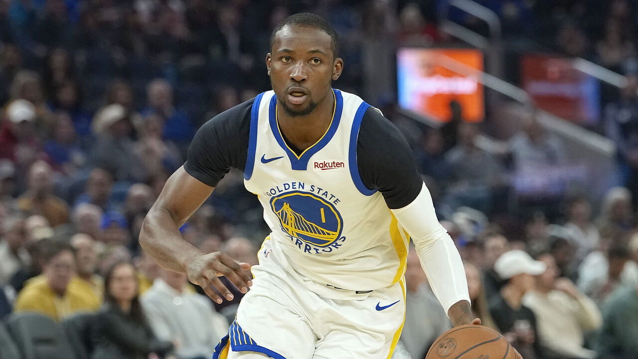 SAN FRANCISCO, CALIFORNIA - JANUARY 20: Jonathan Kuminga #1 of the Golden State Warriors looks to drive to the basket against the Toronto Raptors in the first half of an NBA basketball game at Chase Center on January 20, 2026 in San Francisco, California.