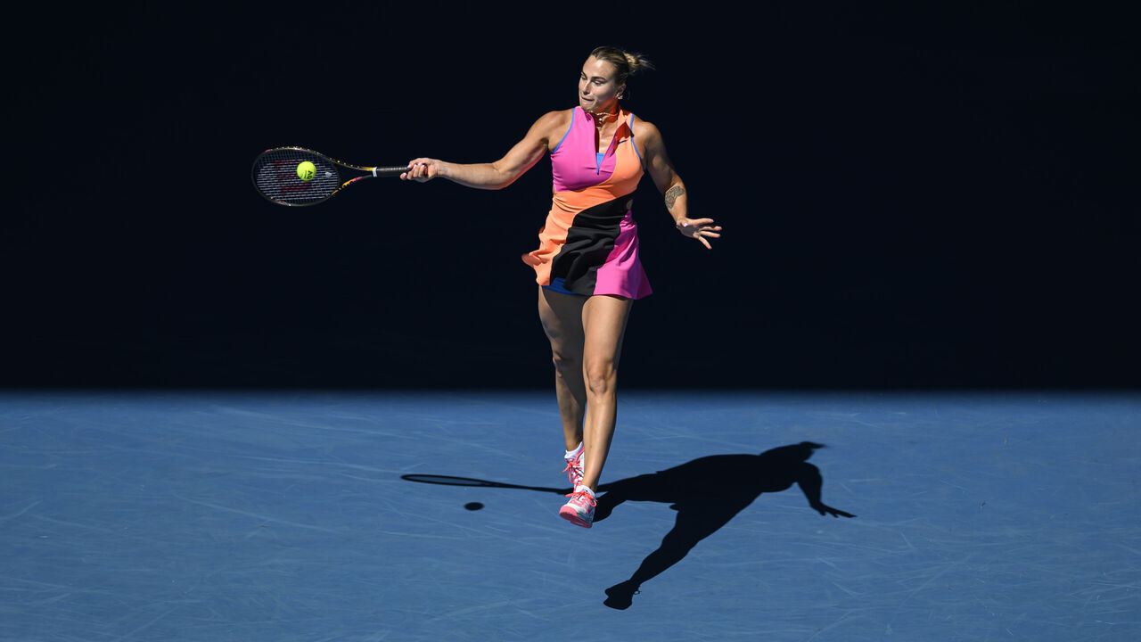 MELBOURNE, AUSTRALIA - JANUARY 23: Aryna Sabalenka in action against AnastasiaPotapova (AUT) (not seen) in round 3 of the Australian Open grand slam tennis tournament at Melbourne Park in Melbourne, Australia on January 23, 2026