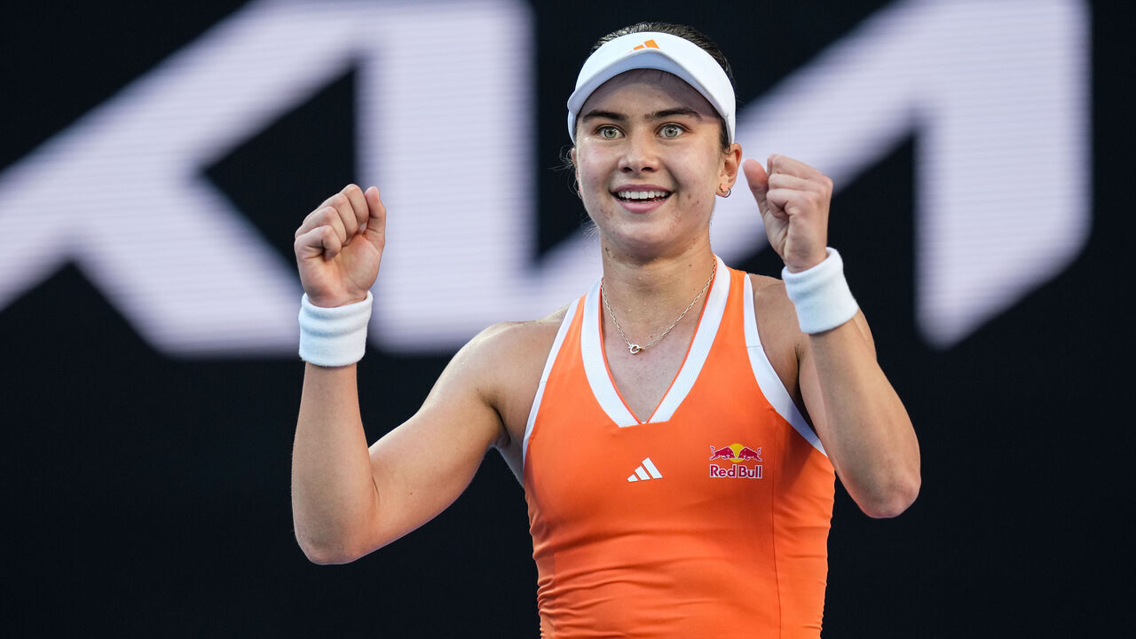 MELBOURNE, AUSTRALIA - JANUARY 23: Iva Jovic of the United States celebrates the victory in the Women's Singles Third Round match against Jasmine Paolini of Italy during day six of the 2026 Australian Open at Melbourne Park on January 23, 2026 in Melbourne, Australia.
