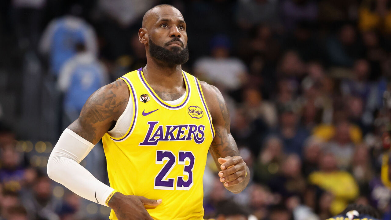 DENVER, COLORADO - JANUARY 20: LeBron James #23 of the Los Angeles Lakers looks on during the fourth quarter of a game against the Denver Nuggets at Ball Arena on January 20, 2026 in Denver, Colorado.