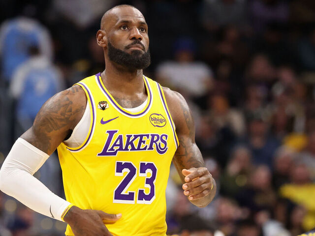 DENVER, COLORADO - JANUARY 20: LeBron James #23 of the Los Angeles Lakers looks on during the fourth quarter of a game against the Denver Nuggets at Ball Arena on January 20, 2026 in Denver, Colorado.