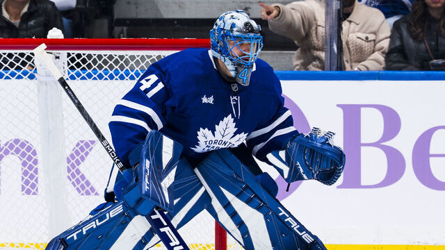 TORONTO, CANADA - NOVEMBER 3: Anthony Stolarz #41 of the Toronto Maple Leafs stands in net against the Pittsburgh Penguins during the first period in their NHL game at Scotiabank Arena on November 3, 2025 in Toronto, Ontario, Canada.