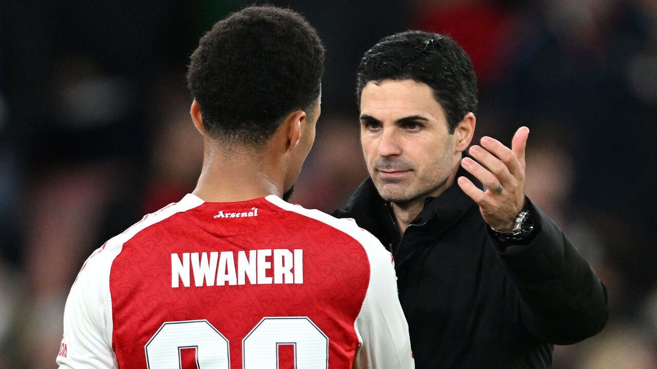 LONDON, ENGLAND - OCTOBER 29: Mikel Arteta, Manager of Arsenal, celebrates victory with Ethan Nwaneri after the Carabao Cup Fourth Round match between Arsenal and Brighton & Hove Albion at Emirates Stadium on October 29, 2025 in London, England.