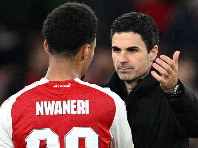 LONDON, ENGLAND - OCTOBER 29: Mikel Arteta, Manager of Arsenal, celebrates victory with Ethan Nwaneri after the Carabao Cup Fourth Round match between Arsenal and Brighton & Hove Albion at Emirates Stadium on October 29, 2025 in London, England.