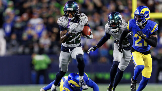 SEATTLE, WASHINGTON - DECEMBER 18: Rashid Shaheed #22 of the Seattle Seahawks carries the ball during the second half of the NFL football game against the Los Angeles Rams at Lumen Field on December 18, 2025 in Seattle, Washington.