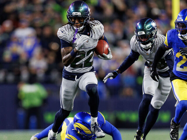 SEATTLE, WASHINGTON - DECEMBER 18: Rashid Shaheed #22 of the Seattle Seahawks carries the ball during the second half of the NFL football game against the Los Angeles Rams at Lumen Field on December 18, 2025 in Seattle, Washington.