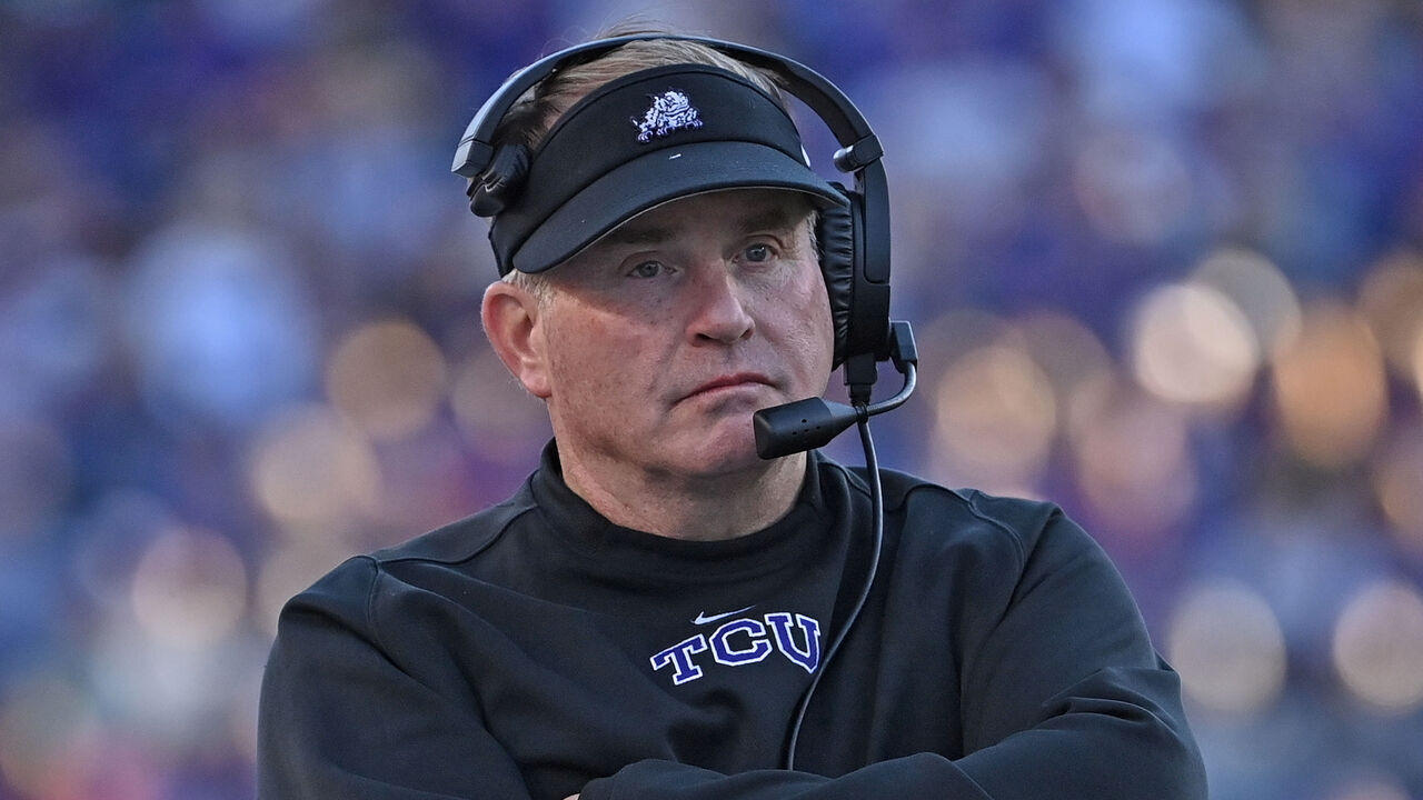 MANHATTAN, KS - OCTOBER 30: Head coach Gary Patterson of the TCU Horned Frogs walks the sideline during the second half against the Kansas State Wildcats at Bill Snyder Family Football Stadium on October 30, 2021 in Manhattan, Kansas.