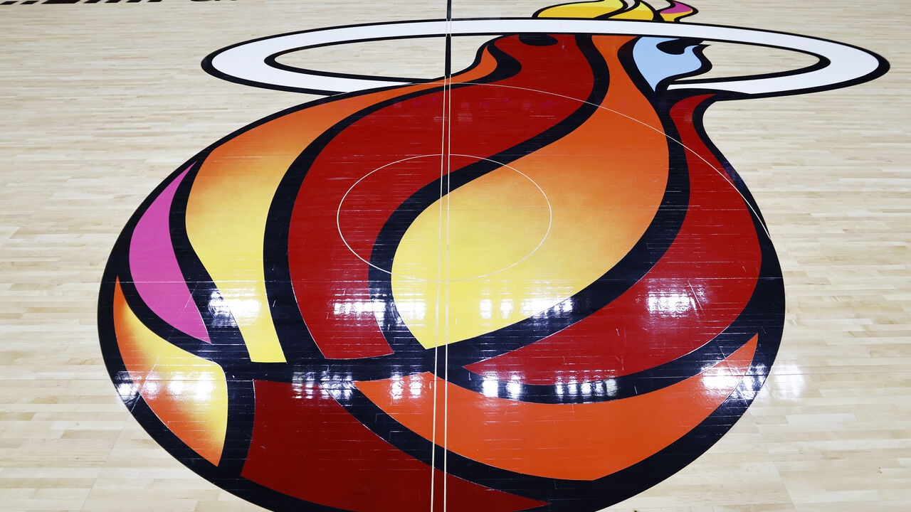MIAMI, FLORIDA - DECEMBER 08: A general view of the 'Miami Mashup' court logo prior to the game between the Miami Heat and the Milwaukee Bucks at FTX Arena on December 08, 2021 in Miami, Florida.