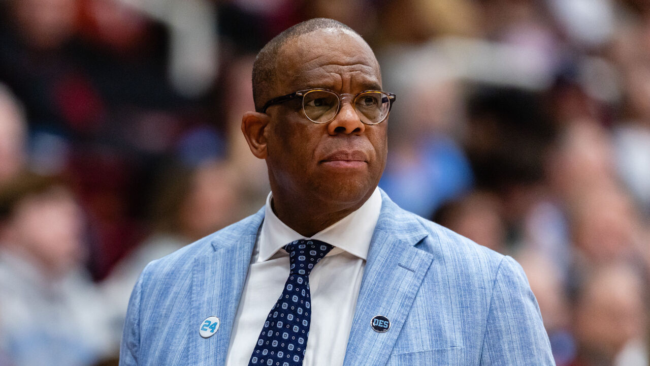 STANFORD, CA - JANUARY 14: Head coach Hubert Davis of the North Carolina Tar Heels looks on during a game against the Stanford Cardinal on January 14, 2026 at Maples Pavilion in Stanford, CA.
