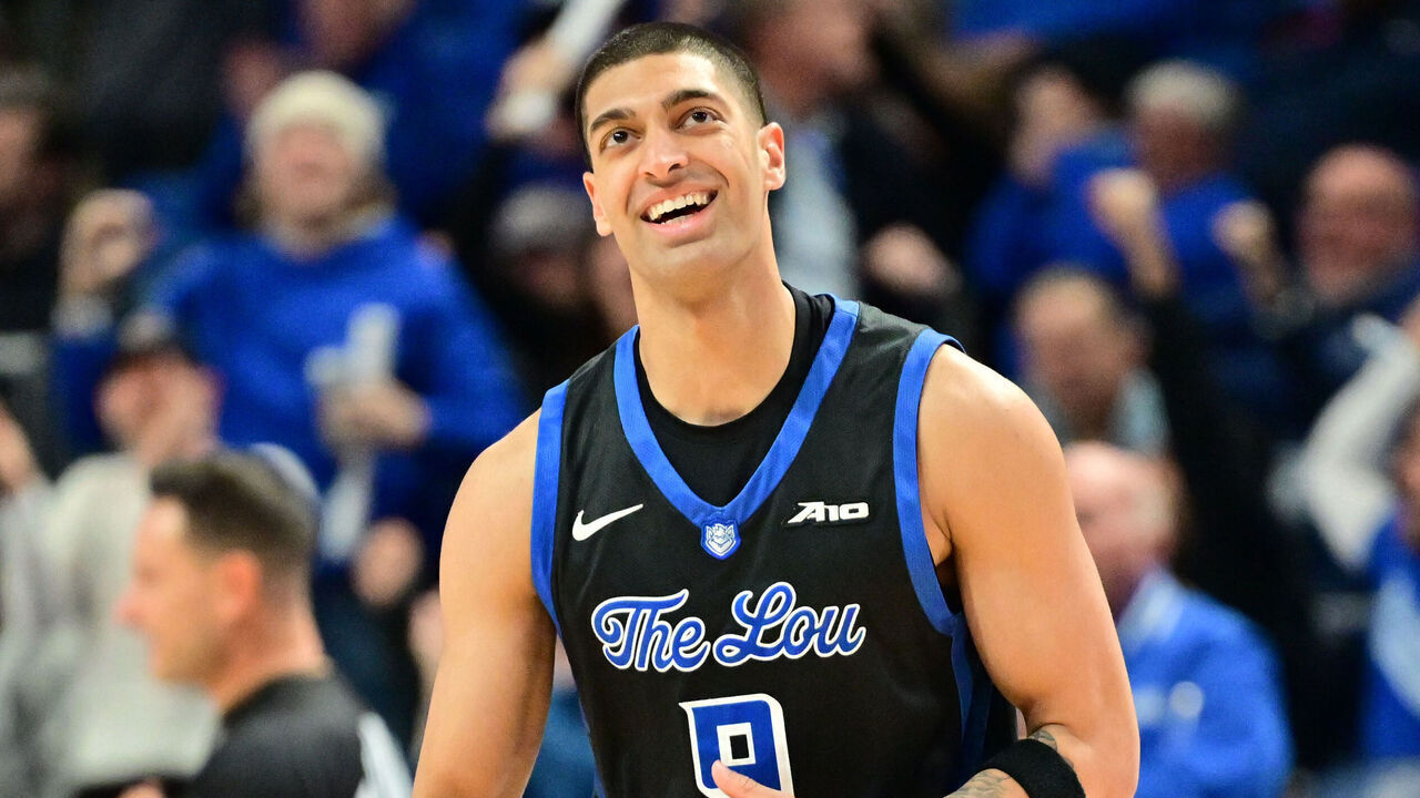 ST. LOUIS, MO - DECEMBER 13: Saint Louis forward Ishan Sharma (9) reacts after sinking a three-point basket during a college basketball game between the San Francisco Dons and the St. Louis Billikens on Dec. 13, 2025, at Chaifetz Arena, in St. Louis, MO.