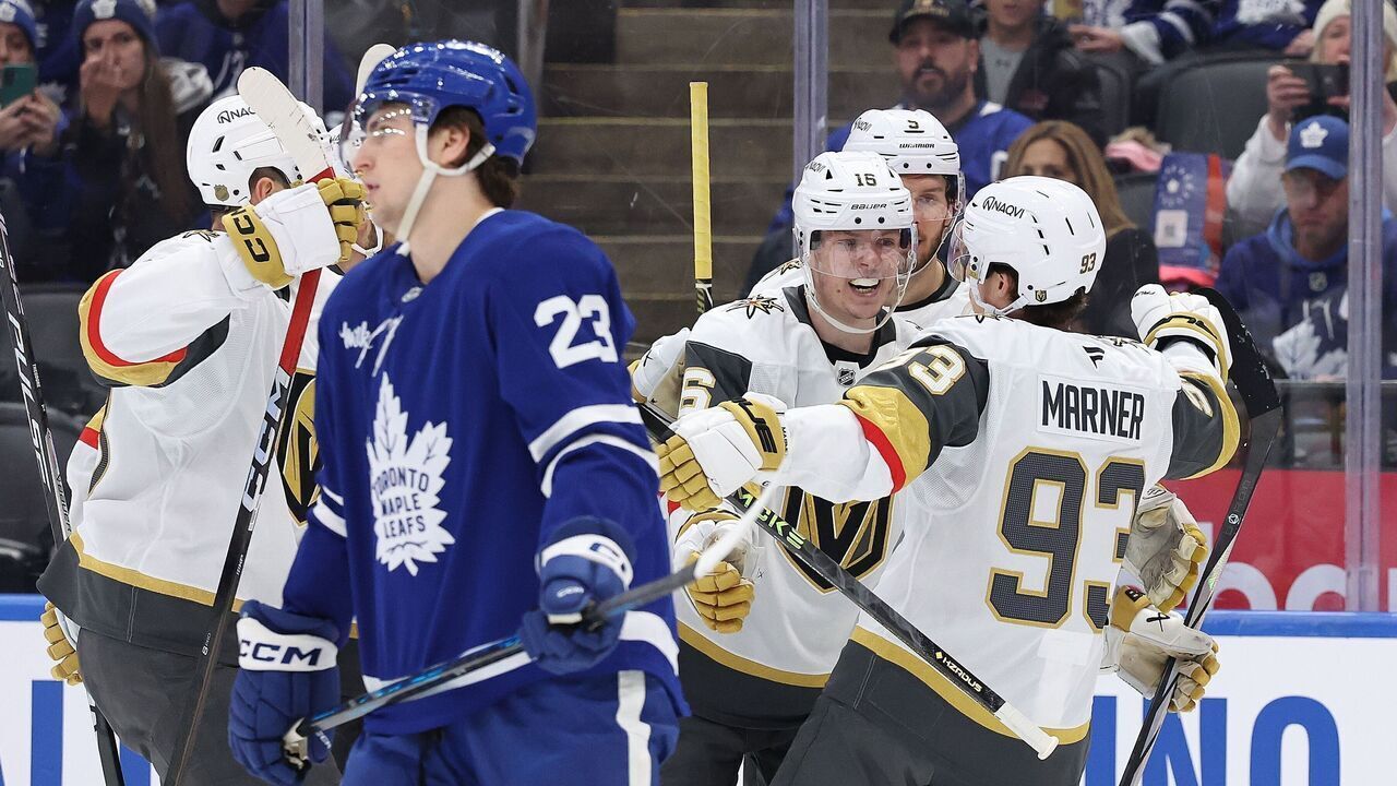 TORONTO, ON- JANUARY 23 - Vegas Golden Knights right wing Mitch Marner (93) congratulates Vegas Golden Knights right wing Pavel Dorofeyev (16) after he scores in the second period as the Toronto Maple Leafs play the Vegas Golden Knights at Scotiabank Arena in Toronto. January 23, 2026. Steve Russell/Toronto Star (Steve Russell/Toronto Star via Getty Images)