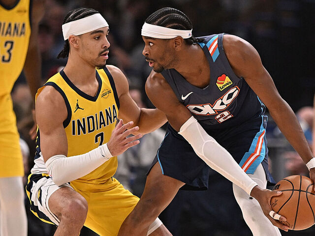 OKLAHOMA CITY, OKLAHOMA - JANUARY 23: Shai Gilgeous-Alexander #2 of the Oklahoma City Thunder handles the ball while being defended by Andrew Nembhard #2 of the Indiana Pacers during the first half at Paycom Center on January 23, 2026 in Oklahoma City, Oklahoma.