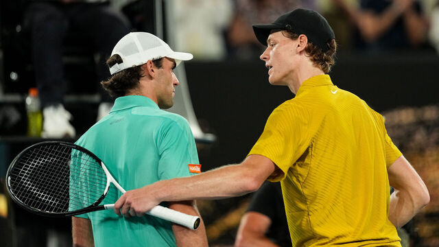 MELBOURNE, AUSTRALIA - JANUARY 24: Jannik Sinner (R) of Italy greets Eliot Spizzirri of the United States after their Men's Singles Third Round match during day seven of the 2026 Australian Open at Melbourne Park on January 24, 2026 in Melbourne, Australia.