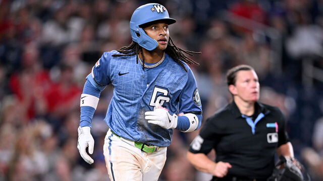 WASHINGTON, DC - SEPTEMBER 26: CJ Abrams #5 of the Washington Nationals rounds the bases after hitting a home run against the Chicago White Sox at Nationals Park on September 26, 2025 in Washington, DC.