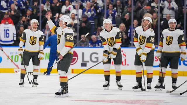 TORONTO, CANADA - JANUARY 23: Mitch Marner #93 of the Vegas Golden Knights, a former Toronto Maple Leafs player, acknowledges the crowd after the Toronto Maple Leafs played a tribute video for him in the first period of their game at Scotiabank Arena on January 23, 2026 in Toronto, Ontario, Canada.