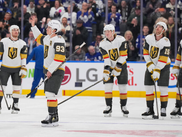 TORONTO, CANADA - JANUARY 23: Mitch Marner #93 of the Vegas Golden Knights, a former Toronto Maple Leafs player, acknowledges the crowd after the Toronto Maple Leafs played a tribute video for him in the first period of their game at Scotiabank Arena on January 23, 2026 in Toronto, Ontario, Canada.