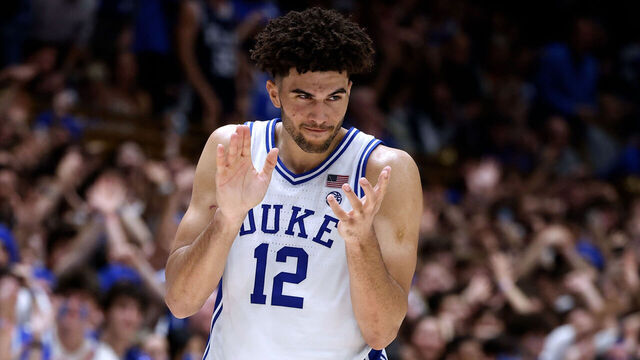 DURHAM, NORTH CAROLINA - JANUARY 10: Cameron Boozer #12 of the Duke Blue Devils reacts during the game against the SMU Mustangs at Cameron Indoor Stadium on January 10, 2026 in Durham, North Carolina.
