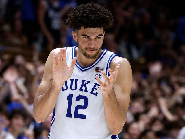 DURHAM, NORTH CAROLINA - JANUARY 10: Cameron Boozer #12 of the Duke Blue Devils reacts during the game against the SMU Mustangs at Cameron Indoor Stadium on January 10, 2026 in Durham, North Carolina.