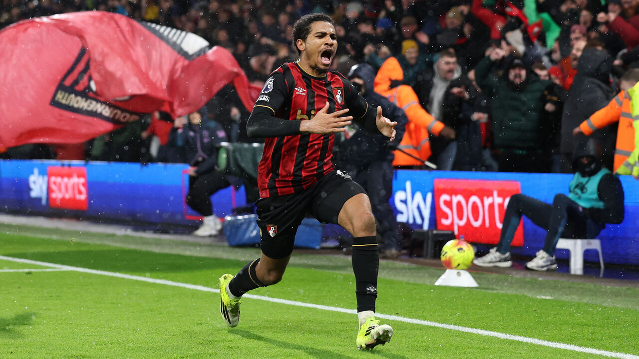 BOURNEMOUTH, ENGLAND - JANUARY 24: Amine Adli of AFC Bournemouth celebrates scoring his team's third goal during the Premier League match between Bournemouth and Liverpool at Vitality Stadium on January 24, 2026 in Bournemouth, England.
