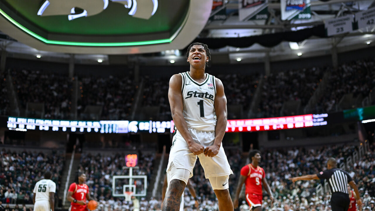 EAST LANSING, MI - JANUARY 24: Michigan State Spartans guard Jeremy Fears Jr. (1) reacts to his team's defensive effort during a college basketball game between the Michigan State Spartans and Maryland Terrapins on January 24, 2026 at the Breslin Center in East Lansing, MI.