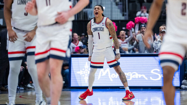 HARTFORD, CONNECTICUT - JANUARY 24: Solo Ball #1 of the Connecticut Huskies reacts during the second half of an NCAA men's basketball game against the Villanova Wildcats at PeoplesBank Arena on January 24, 2026 in Hartford, Connecticut.