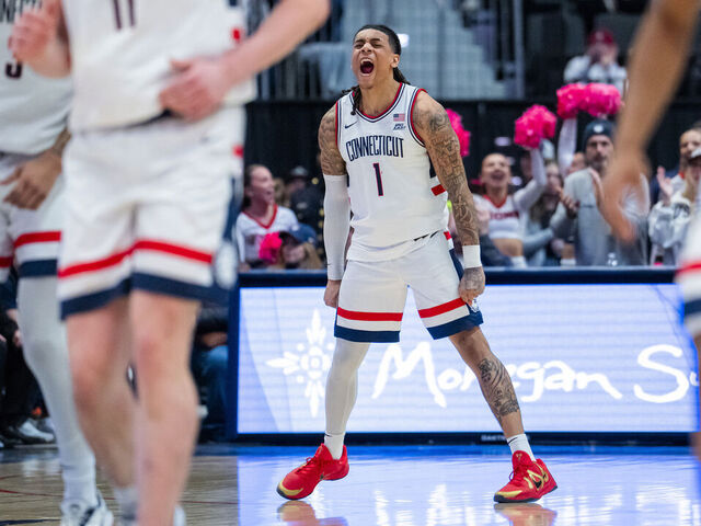 HARTFORD, CONNECTICUT - JANUARY 24: Solo Ball #1 of the Connecticut Huskies reacts during the second half of an NCAA men's basketball game against the Villanova Wildcats at PeoplesBank Arena on January 24, 2026 in Hartford, Connecticut.