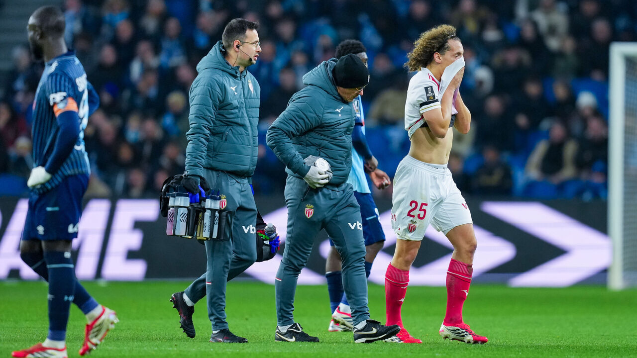 LE HAVRE, FRANCE - JANUARY 24: Wout Faes of AS Monaco injured on the pitch during the Ligue 1 McDonald's match between Le Havre and Monaco at Stade Oceane on January 24, 2026 in Le Havre, France.