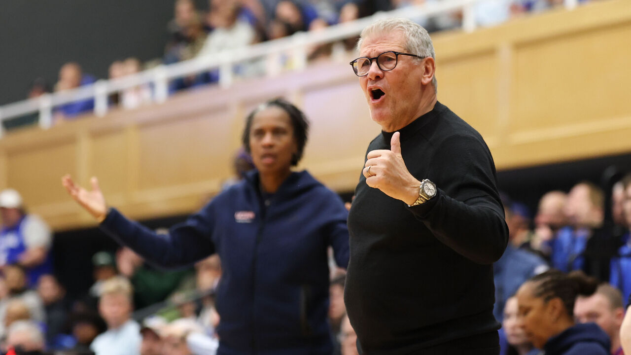 SOUTH ORANGE, NEW JERSEY - JANUARY 24: Geno Auriemma of the Connecticut Huskies reacts during the first half against the Seton Hall Pirates at Walsh Gymnasium on January 24, 2026 in South Orange, New Jersey.