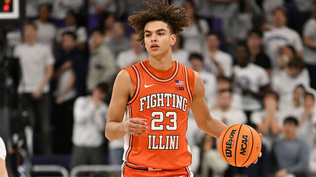 EVANSTON, IL - JANUARY 14: Illinois Fighting Illini guard Keaton Wagler (23) controls the ball during a college basketball game between the Illinois Fighting Illini and the Northwestern Wildcats on January 14, 2026, at Welsh-Ryan Arena in Evanston, IL.