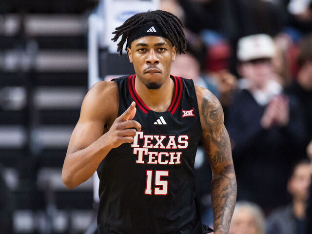 LUBBOCK, TEXAS - JANUARY 24: JT Toppin #15 of the Texas Tech Red Raiders points to a teammate during the second half of the game against the Houston Cougars at United Supermarkets Arena on January 24, 2026 in Lubbock, Texas.