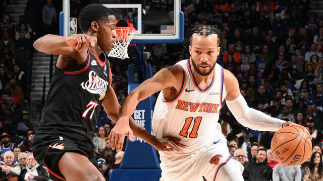 PHILADELPHIA, PA - JANUARY 24: Jalen Brunson #11 of the New York Knicksdribbles the ball during the game against the Philadelphia 76ers on January 24, 2026 at the Wells Fargo Center in Philadelphia, Pennsylvania NOTE TO USER: User expressly acknowledges and agrees that, by downloading and/or using this Photograph, user is consenting to the terms and conditions of the Getty Images License Agreement. Mandatory Copyright Notice: Copyright 2026 NBAE