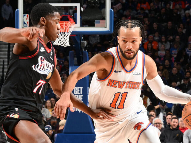 PHILADELPHIA, PA - JANUARY 24: Jalen Brunson #11 of the New York Knicksdribbles the ball during the game against the Philadelphia 76ers on January 24, 2026 at the Wells Fargo Center in Philadelphia, Pennsylvania NOTE TO USER: User expressly acknowledges and agrees that, by downloading and/or using this Photograph, user is consenting to the terms and conditions of the Getty Images License Agreement. Mandatory Copyright Notice: Copyright 2026 NBAE