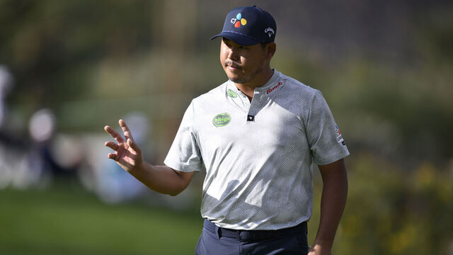 LA QUINTA, CALIFORNIA - JANUARY 24: Si Woo Kim of South Korea reacts on the sixth green during the third round of The American Express 2026 at La Quinta Country Club on January 24, 2026 in La Quinta, California.
