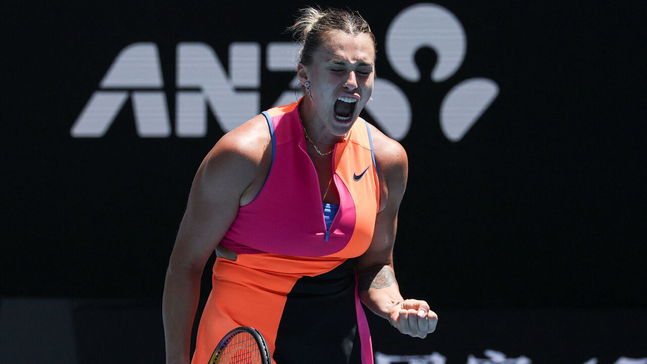 Belarus' Aryna Sabalenka reacts after a point against Canada's Victoria Mboko during their women's singles match on day eight of the Australian Open tennis tournament in Melbourne on January 25, 2026. / -- IMAGE RESTRICTED TO EDITORIAL USE - STRICTLY NO COMMERCIAL USE --