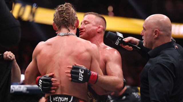 LAS VEGAS, NEVADA - JANUARY 24: Justin Gaethje of the United States (R) and Paddy Pimblett of England embrace following their interim lightweight title bout in UFC 324 at T-Mobile Arena on January 24, 2026 in Las Vegas, Nevada.
