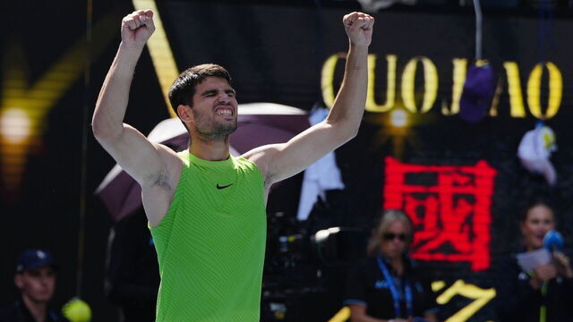 MELBOURNE, AUSTRALIA - JANUARY 25: Carlos Alcaraz of Spain celebrates his victory the men's Singles Fourth Round against Tommy Paul of the United States during day eight of the 2026 Australian Open at Melbourne Park on January 25, 2026 in Melbourne, Australia.