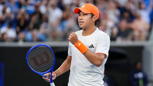 MELBOURNE, AUSTRALIA - JANUARY 25: Learner Tien of the United States celebrates the victory in the Men's Singles Fourth Round match against Daniil Medvedev during day eight of the 2026 Australian Open at Melbourne Park on January 25, 2026 in Melbourne, Australia.