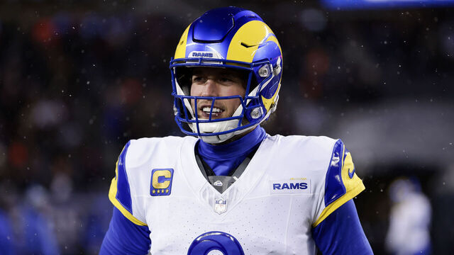 CHICAGO, ILLINOIS - JANUARY 18: Matthew Stafford #9 of the Los Angeles Rams warms up prior to an NFL divisional playoff football game against the Chicago Bears at Soldier Field on January 18, 2026 in Chicago, Illinois.