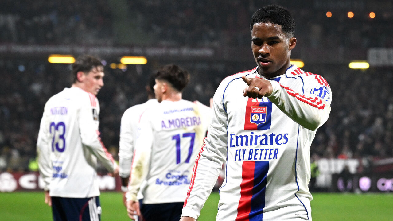 Lyon's Brazilian forward #09 Endrick celebrates after scoring his team fourth goal during the French L1 football match between Metz and Olympique Lyonnais (OL) at the Stade Saint-Symphorien in Longeville-les-Metz, eastern France, on January 25, 2026.