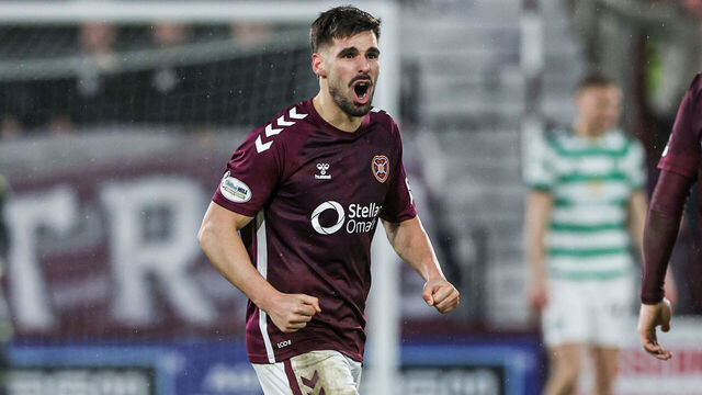 EDINBURGH, SCOTLAND - JANUARY 25: Hearts' Claudio Braga celebrates as he scores to make it 2-2 during a William Hill Premiership match between Heart of Midlothian and Celtic at Tynecastle Park, on January 25, 2026, in Edinburgh, Scotland.