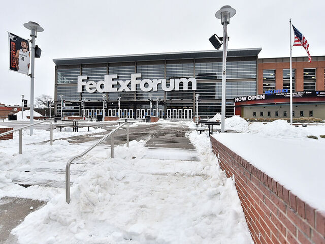MEMPHIS, TENNESSEE - JANUARY 25: Snow is seen outside the arena as the game between the Memphis Grizzlies and the Denver Nuggets has been cancelled due to inclement weather at FedExForum on January 25, 2026 in Memphis, Tennessee.