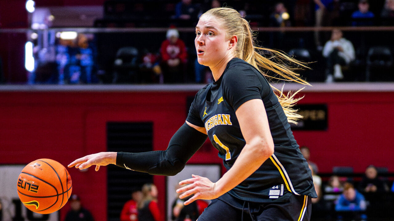 Olivia Olson of the Michigan Wolverines passes the ball during an NCAA women's basketball game at Jersey Mike's Arena in Piscataway, United States, on January 22, 2026.
