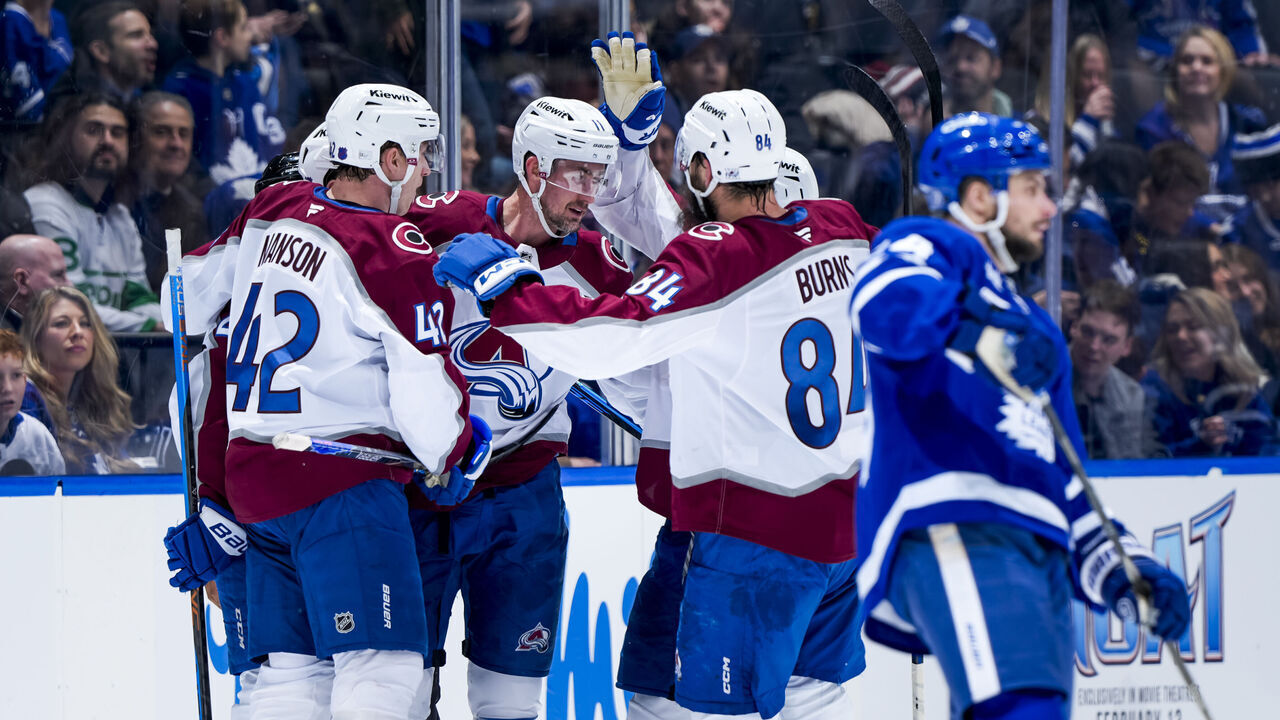 TORONTO, CANADA - JANUARY 25: Brock Nelson #11 of the Colorado Avalanche celebrates a hat trick with his teammates against the Toronto Maple Leafs during the third period at the Scotiabank Arena on January 25, 2026 in Toronto, ON, Canada.