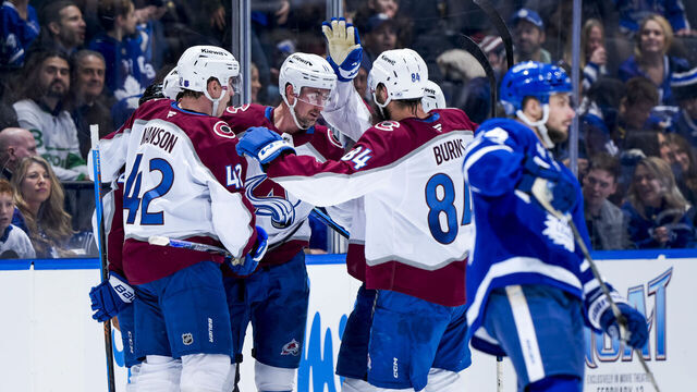 TORONTO, CANADA - JANUARY 25: Brock Nelson #11 of the Colorado Avalanche celebrates a hat trick with his teammates against the Toronto Maple Leafs during the third period at the Scotiabank Arena on January 25, 2026 in Toronto, ON, Canada.