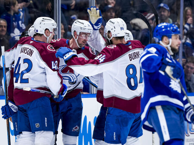TORONTO, CANADA - JANUARY 25: Brock Nelson #11 of the Colorado Avalanche celebrates a hat trick with his teammates against the Toronto Maple Leafs during the third period at the Scotiabank Arena on January 25, 2026 in Toronto, ON, Canada.