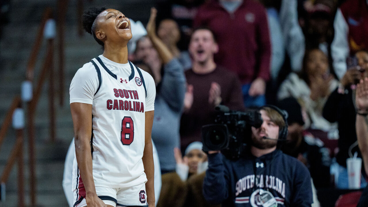 COLUMBIA, SOUTH CAROLINA - JANUARY 25: Joyce Edwards #8 of the South Carolina Gamecocks reacts in the second half against the Vanderbilt Commodores during their game at Colonial Life Arena on January 25, 2026 in Columbia, South Carolina.